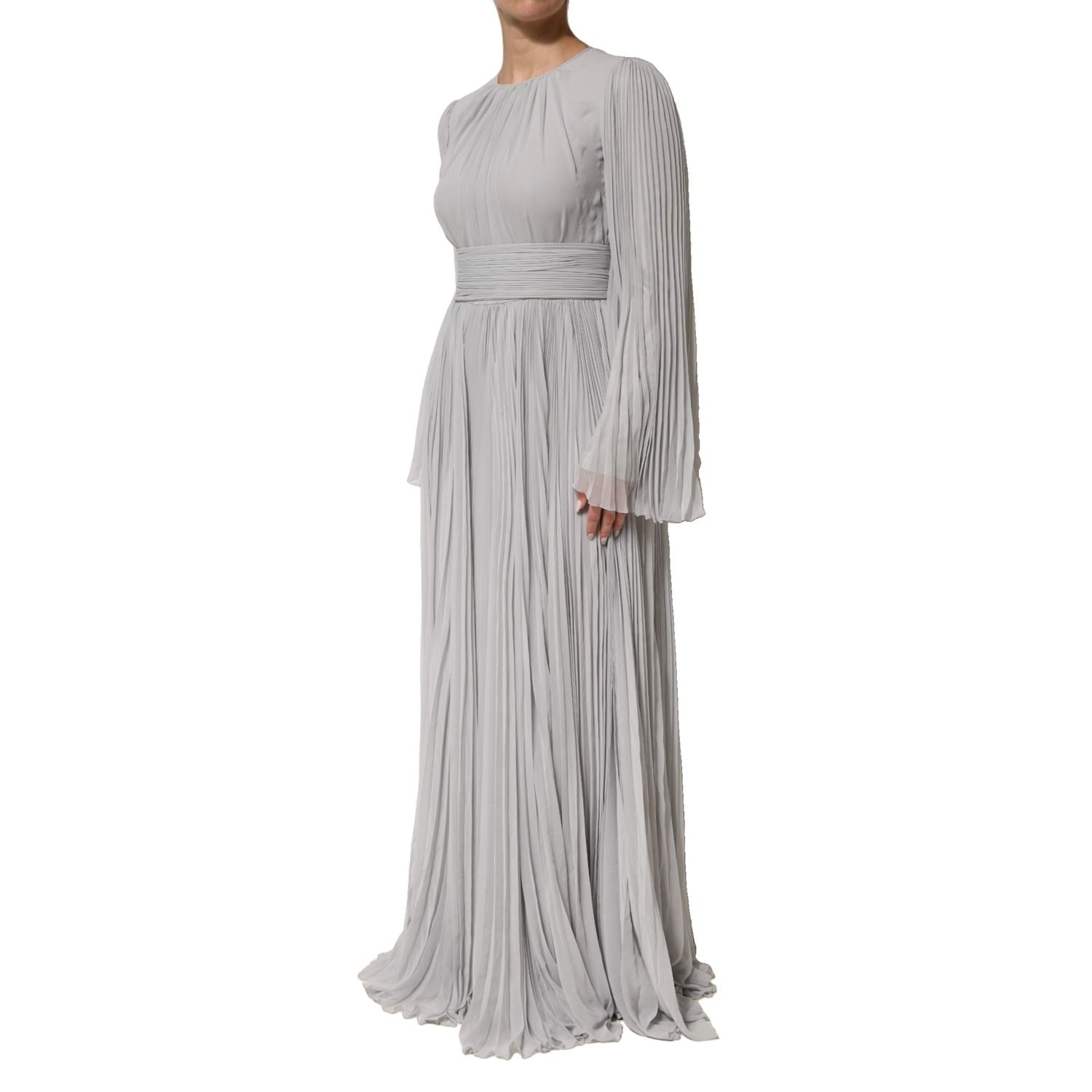 Dolce & Gabbana Grey Pleated Maxi Long Sleeve Silk Blend Gown Dress