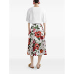Back view of woman in white Dolce & Gabbana Logo cotton t-shirt with floral skirt, crew neck, short sleeves, straight hem