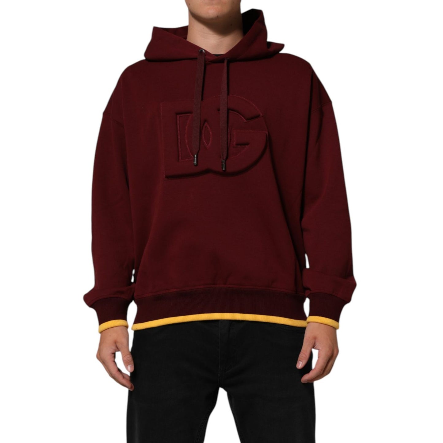 Dolce & Gabbana Maroon Embossed Logo Hooded Sweatshirt Sweater for casual wear with iconic branding, front view