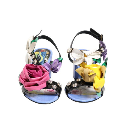 Dolce & Gabbana Multicolor Floral Appliqué Crystal Sandal Shoes with open-toe and floral appliqués, luxury style for special occasions.