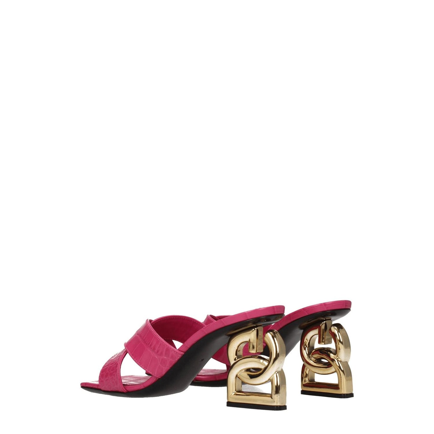 Dolce & Gabbana Pink Leather Platform Sandals with gold mid heels and open toe design.