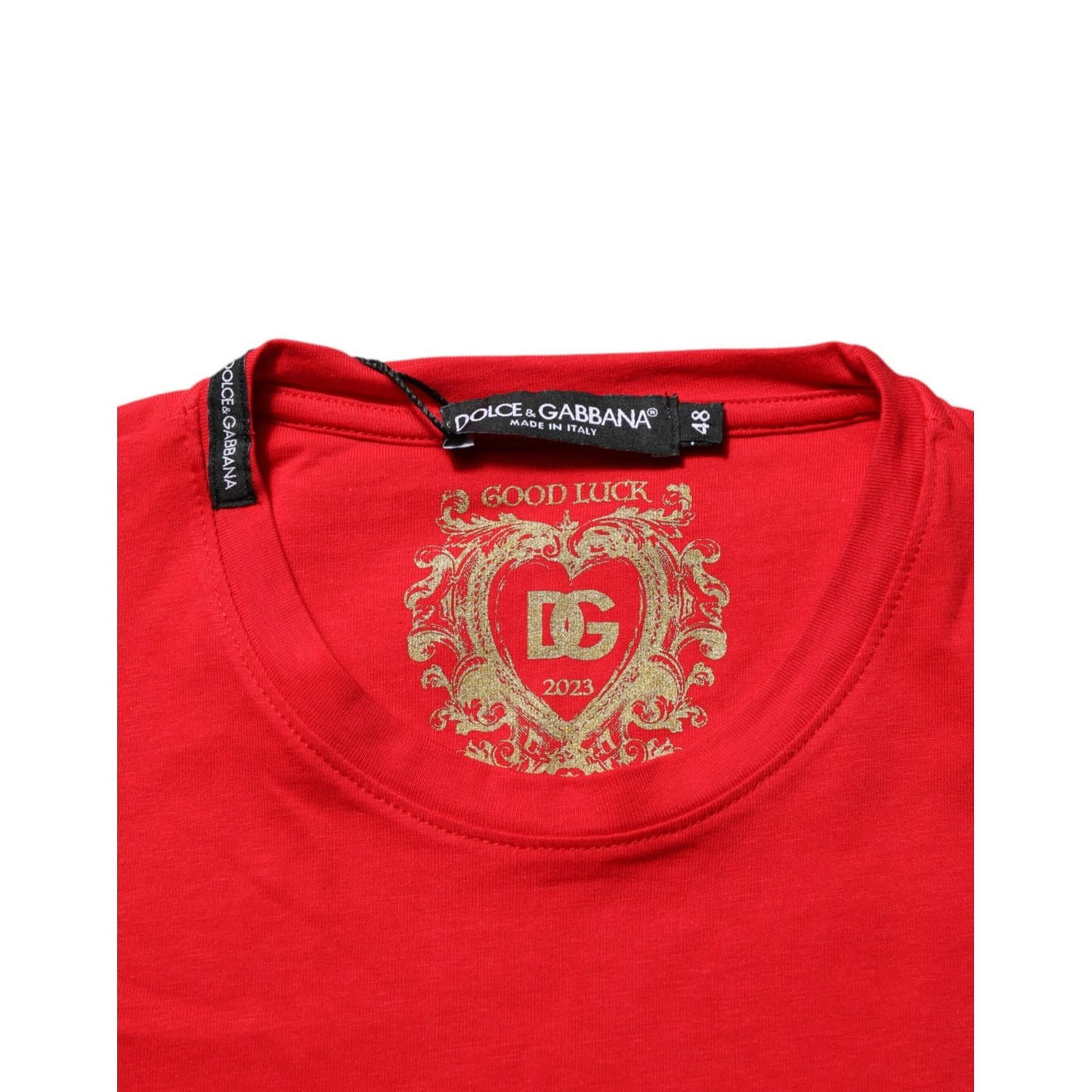 Dolce & Gabbana Red Goodluck 2023 Cotton Crew Neck T-shirt with gold graphic print and logo details, made in Italy, red color, 100% cotton