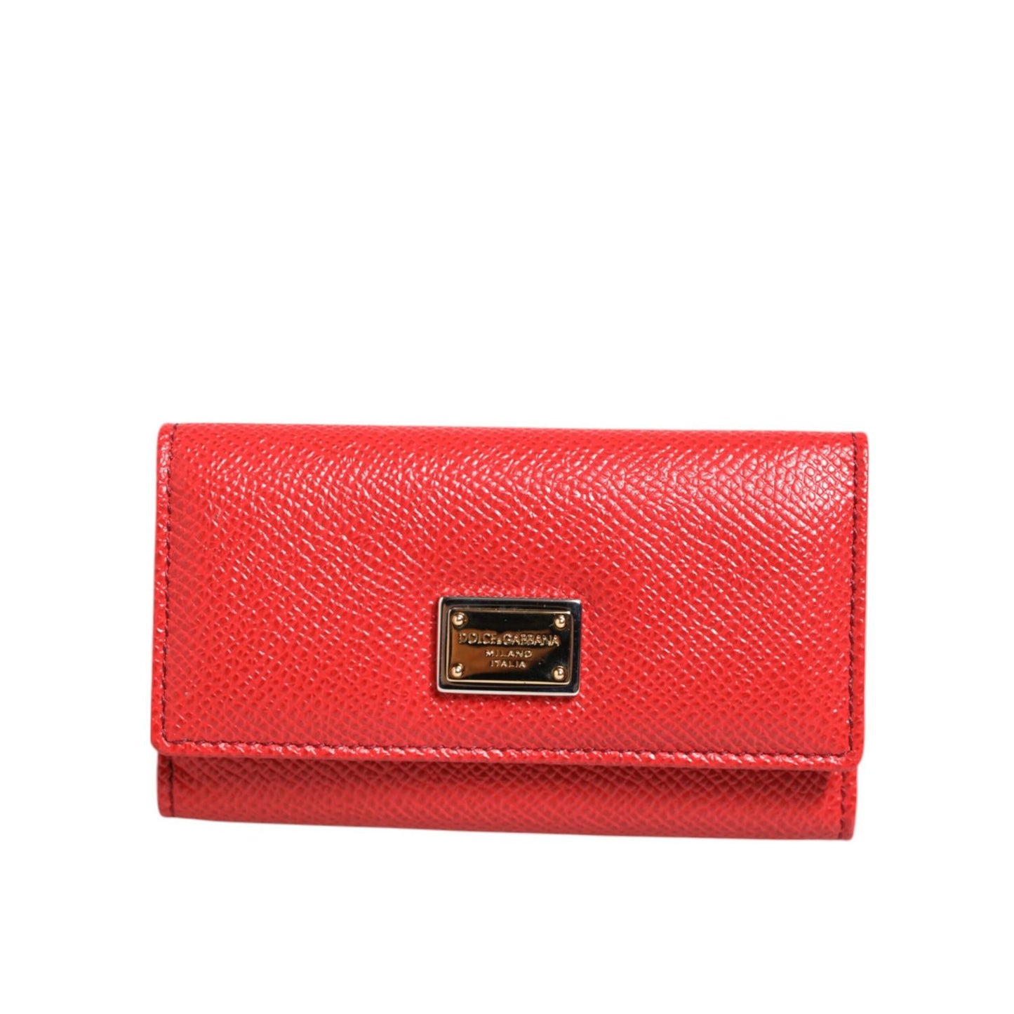 Dolce & Gabbana Red Leather Silver Metal Logo Plaque Trifold Key Holder