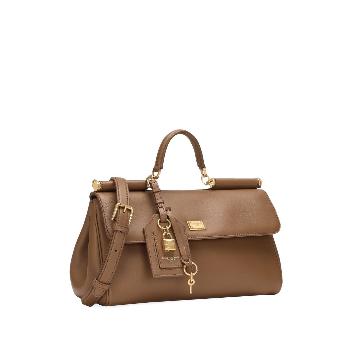 Dolce & Gabbana Sicily soft leather handbag - Caramel brown with foldover top, magnetic fastening, adjustable strap, and padlock detail.