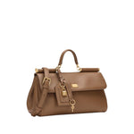 Dolce & Gabbana Sicily soft leather handbag - Caramel brown with foldover top, magnetic fastening, adjustable strap, and padlock detail.