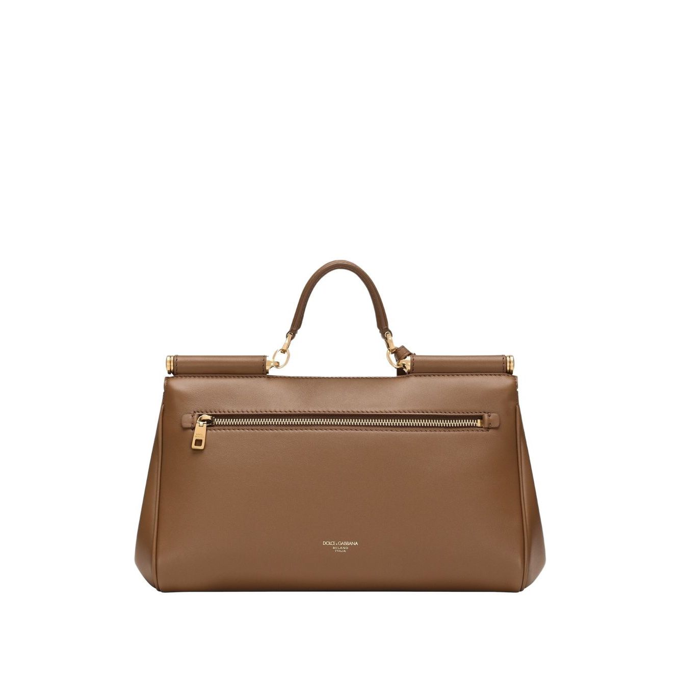 Dolce & Gabbana Sicily soft leather handbag in caramel brown with foldover top, single handle, and detachable shoulder strap.