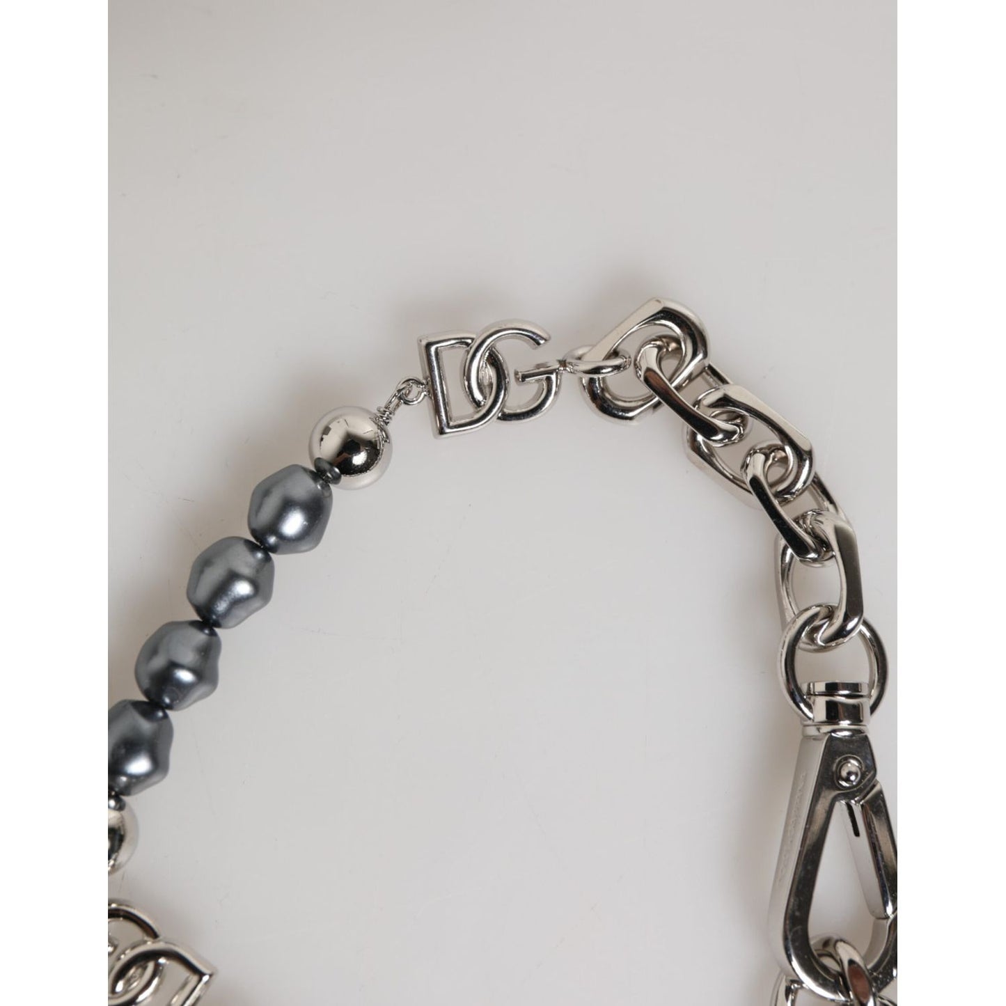 Dolce & Gabbana Silver Tone Chain Lobster Clasp Logo Gray Pearls Bracelet with metal links and DG logo details