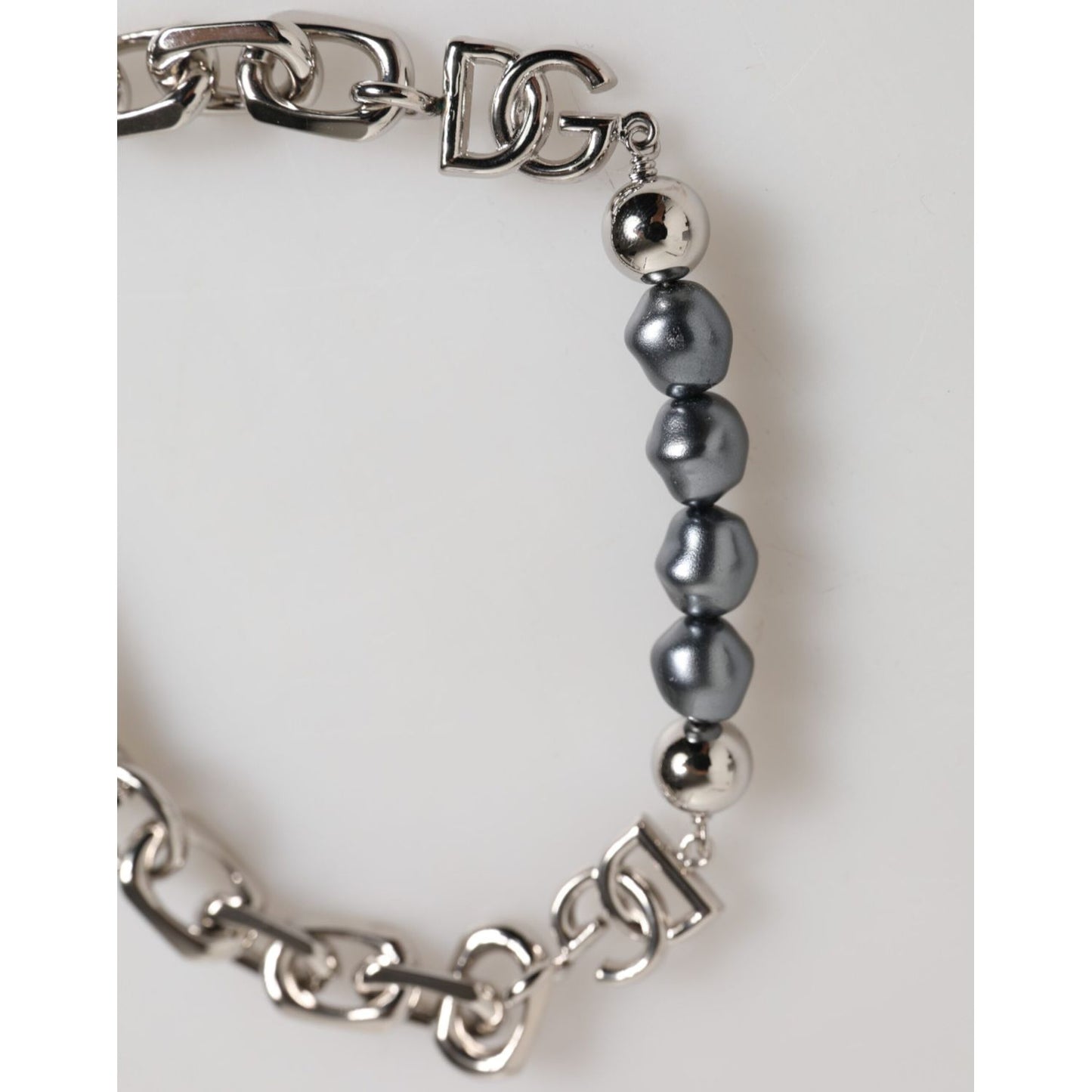 Dolce & Gabbana Silver Tone Chain Lobster Clasp Logo Gray Pearls Bracelet close-up view