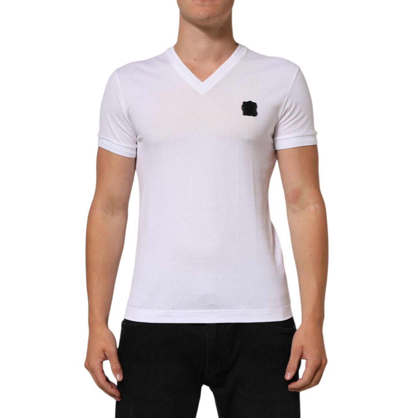 Dolce & Gabbana White Cotton Logo Patch V-neck Tee T-shirt front view worn by model