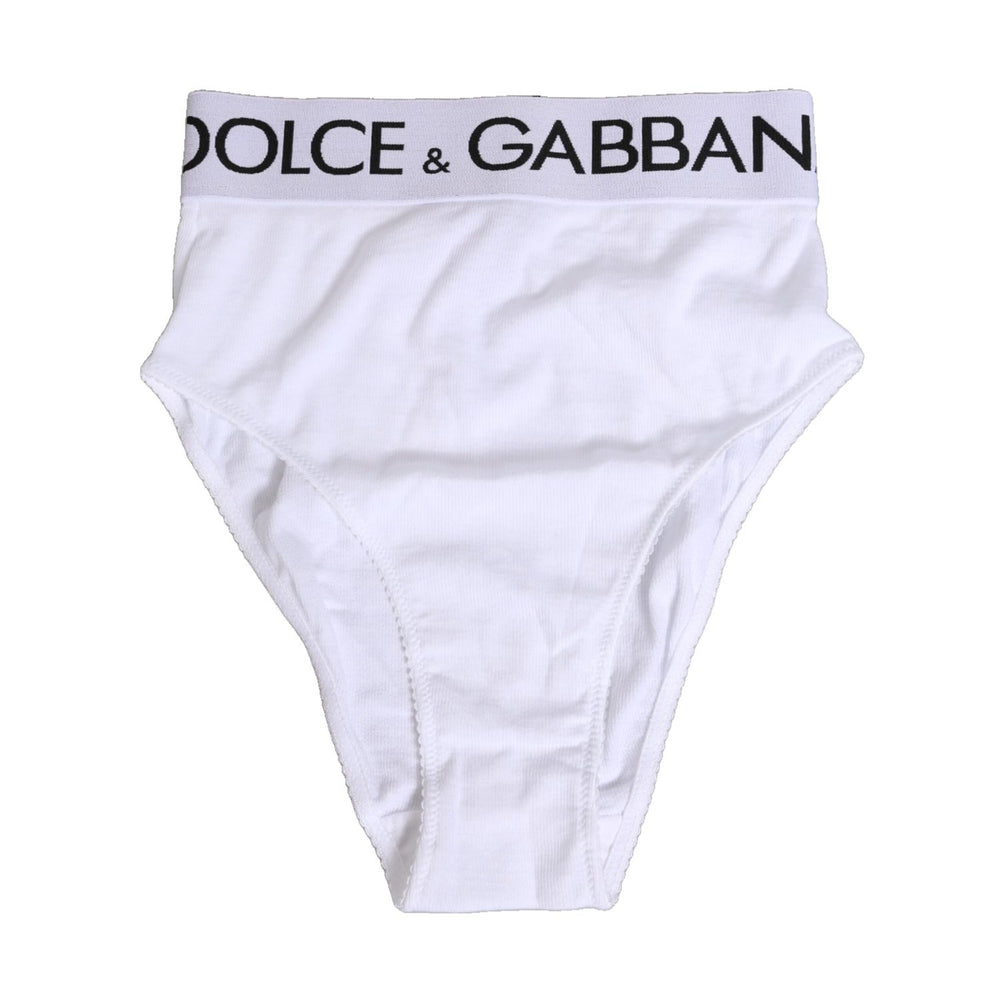 Dolce & Gabbana white high-waist cotton stretch panty with logo band, offering comfort and elegance, made in Italy.