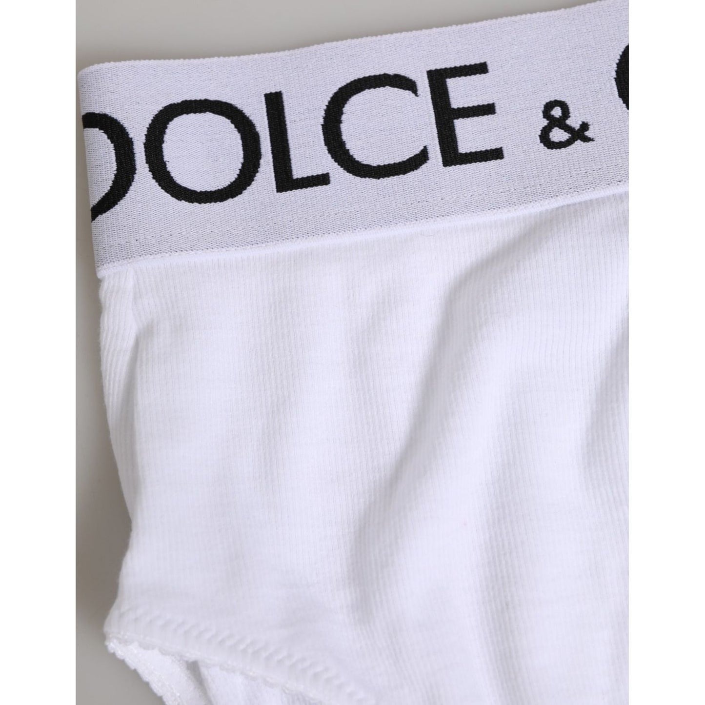 Dolce & Gabbana white cotton high-waist panty underwear with logo waistband, soft stretch fabric, made in Italy.