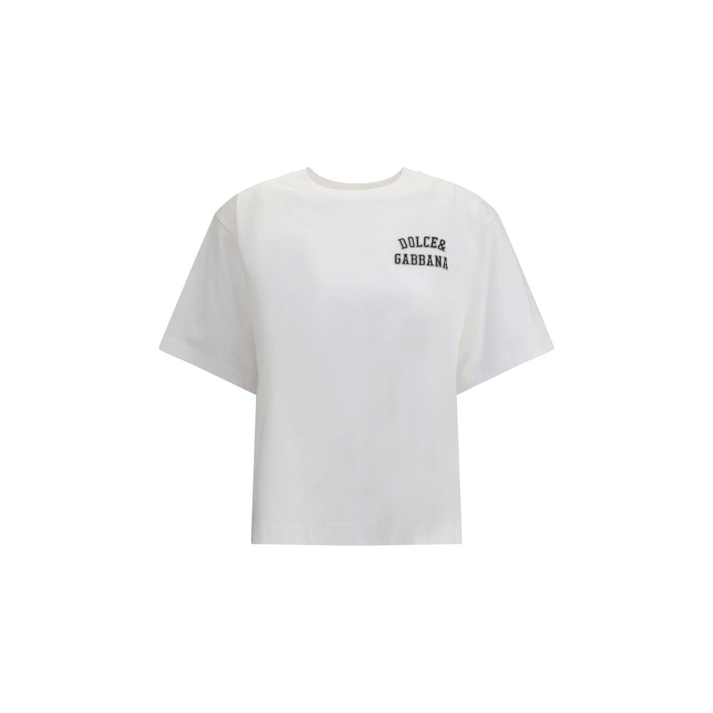 Dolce & Gabbana White Cotton T-Shirt with ribbed crew neck and patch logo detail on chest, ideal for casual and on-trend looks.