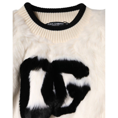 Dolce & Gabbana White Cropped Faux Fur DG Sweatshirt Sweater