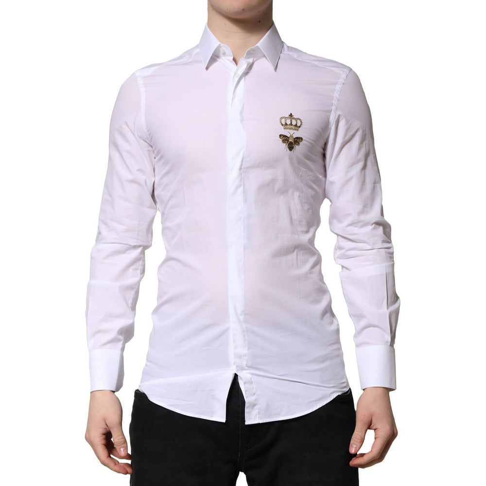 Dolce & Gabbana White GOLD Crown Bee Men Dress Formal Shirt with long sleeves and button closure