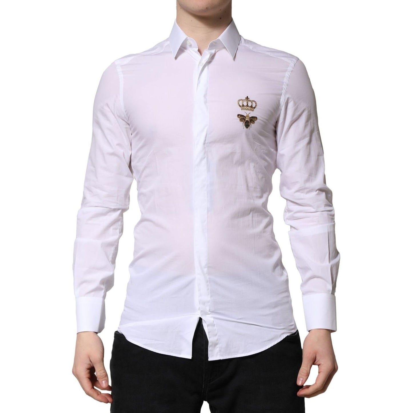 Dolce & Gabbana White GOLD Crown Bee Men Dress Formal Shirt, slim fit, white cotton, button closure, Italian made.