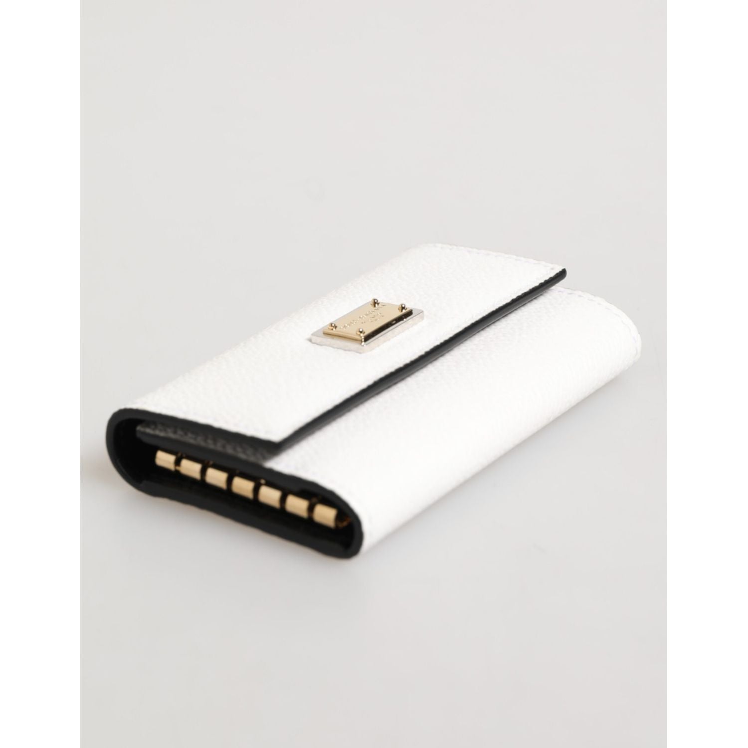 Dolce & Gabbana White Leather Card Case Holder Wallet Gold Logo Plate  Key Holder