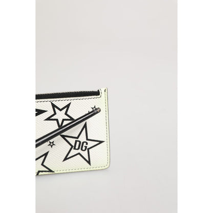 Dolce & Gabbana White Leather Douphin DG Logo Star Print Card Holder Wallet