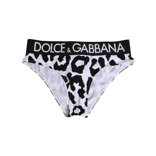 Dolce & Gabbana White Leopard Nylon High Waist Panty Underwear with logo, high-waist, black and white leopard print, made in Italy.