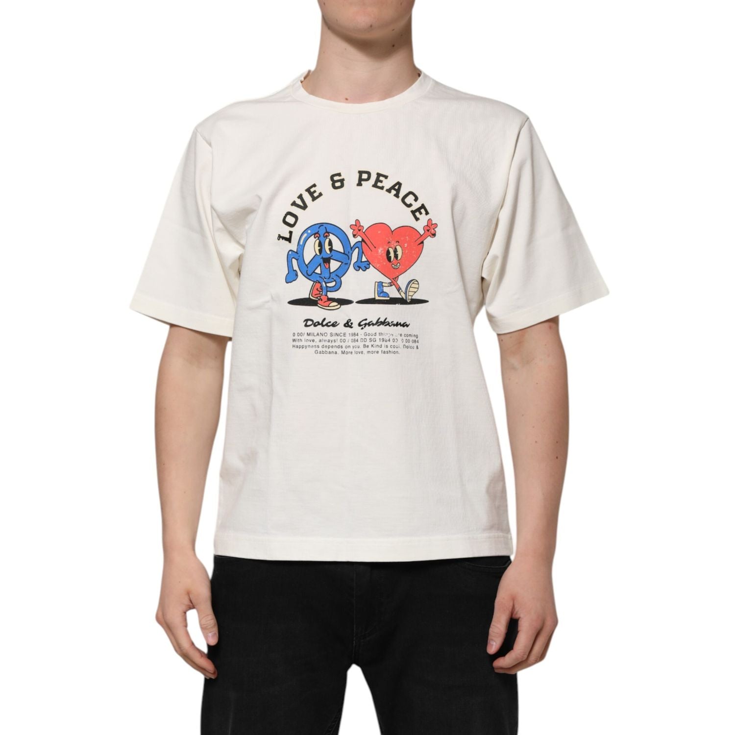 Dolce & Gabbana White Love Peace Cotton Men Crew Neck T-shirt