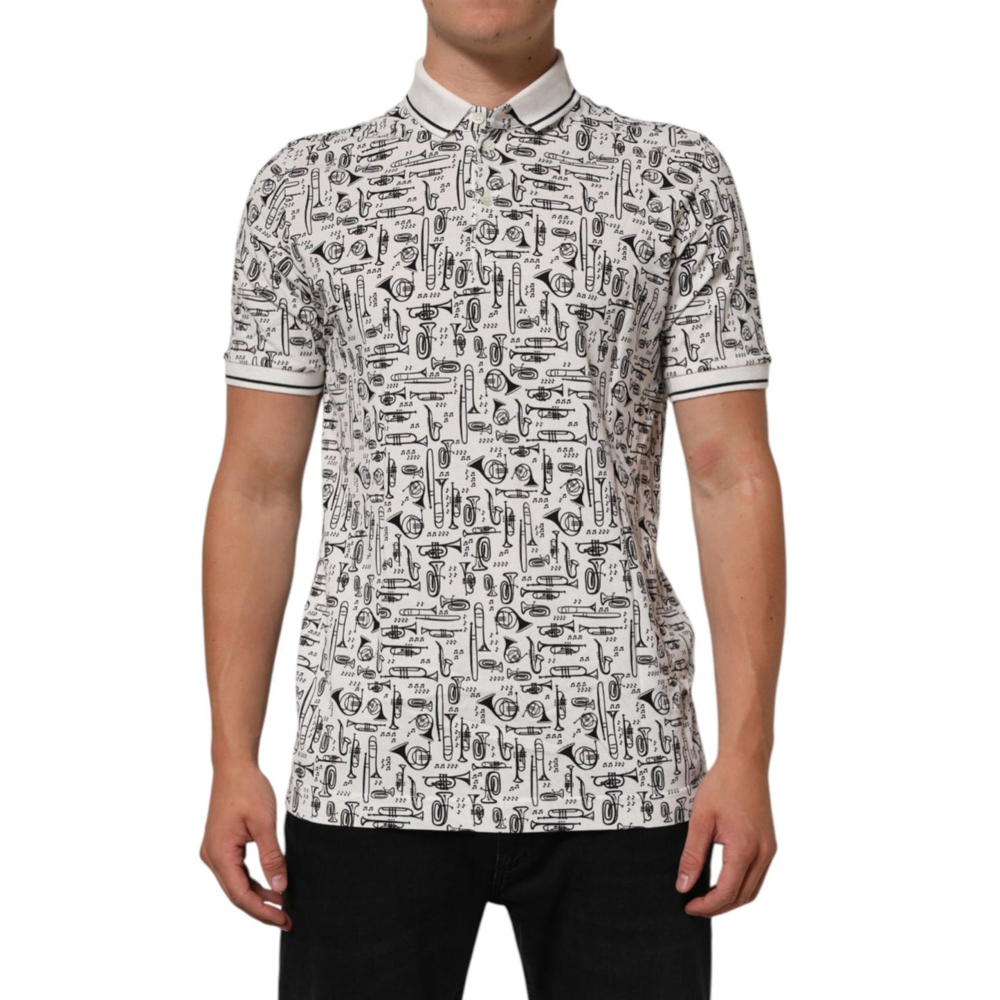 Dolce & Gabbana White Musical Print Collared Polo T-shirt, short sleeve, regular fit, 100% cotton, featuring musical instruments print.