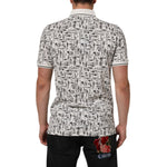 Back view of Dolce & Gabbana White Musical Print Collared Polo T-shirt with all-over musical instrument design and ribbed collar.