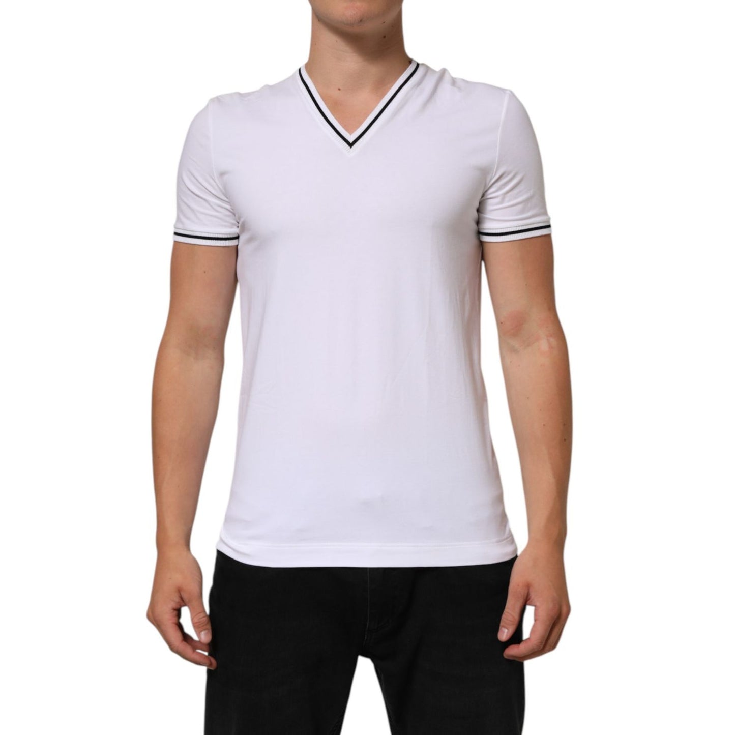 Dolce & Gabbana White Short Sleeves Deep V-Neck Men T-shirt, soft cotton, classic design, regular fit, logo detail, made in Italy.