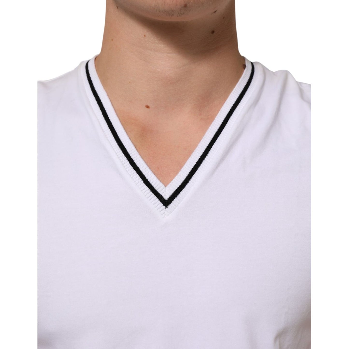 Dolce & Gabbana White Short Sleeves Deep V-Neck Men T-shirt with black trim