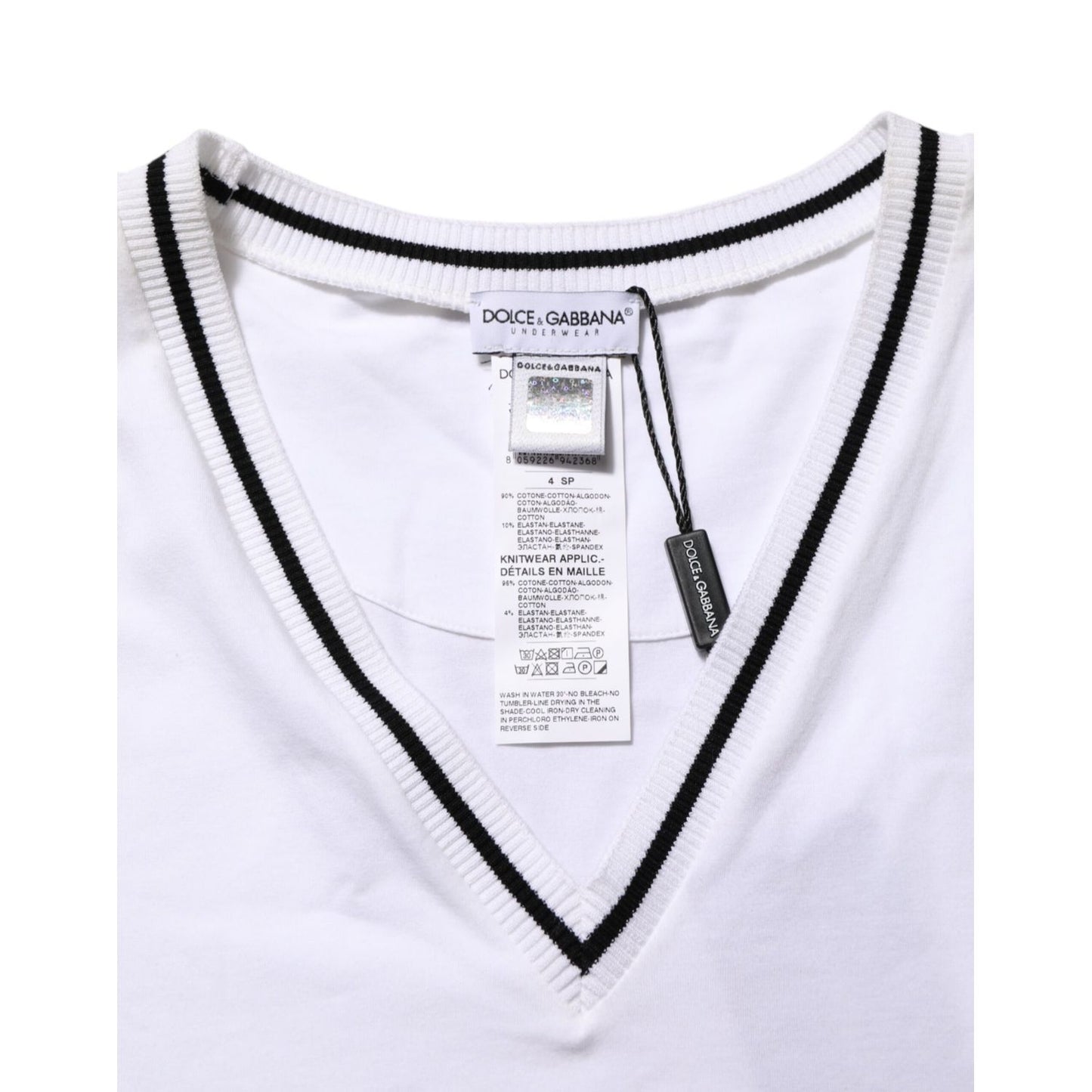 Dolce & Gabbana White Short Sleeves Deep V-Neck Men T-shirt with logo, made in Italy, cotton elastane blend, classic design.