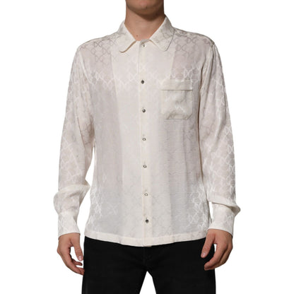 Dolce & Gabbana White Silk DG Logo Print Long Sleeves Shirt