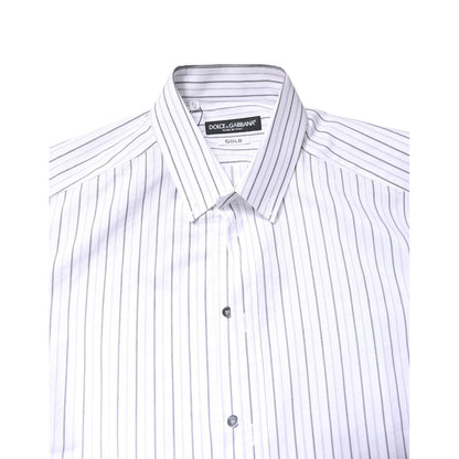 Dolce & Gabbana White Stripes Cotton GOLD Formal Dress Shirt, high-quality Italian slim fit with classic neck and button closure.