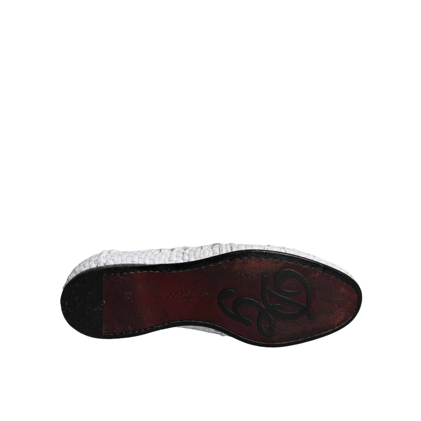 Dolce & Gabbana White Woven Leather Slip On Loafers Men Shoes sole view showing logo detail.