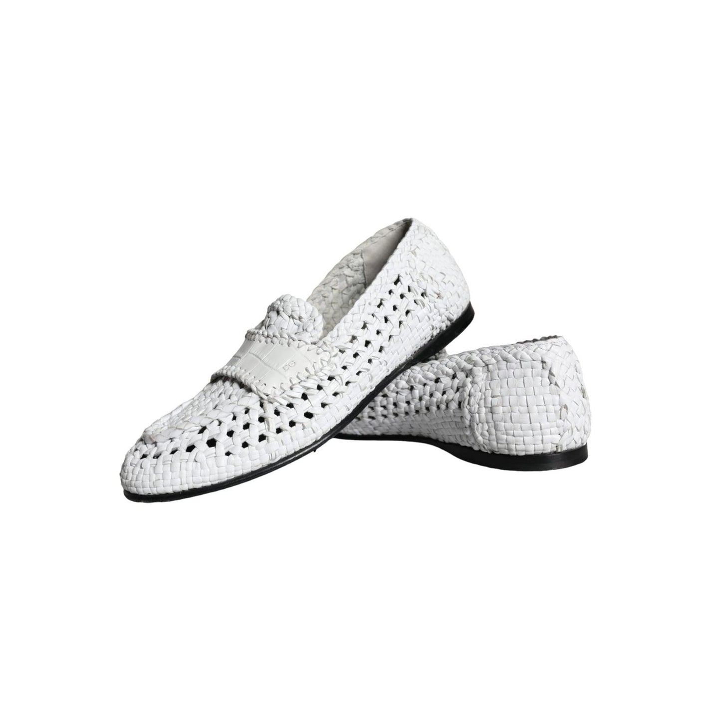 Dolce & Gabbana White Woven Leather Slip On Loafers Men Shoes, preowned with minor wear, exclusive design, made in Italy.