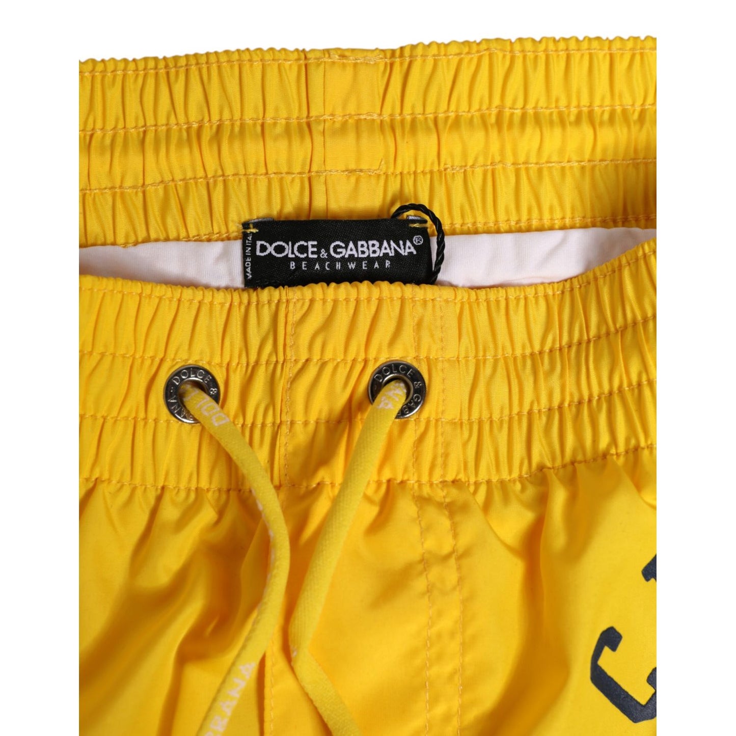 Dolce & Gabbana Yellow Nylon Logo Print Men Boxer Short Swimwear with elastic waistband and drawstring