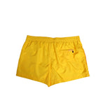 Dolce & Gabbana Yellow Nylon Logo Print Men Boxer Short Swimwear, back view showcasing elastic waistband and bright color.