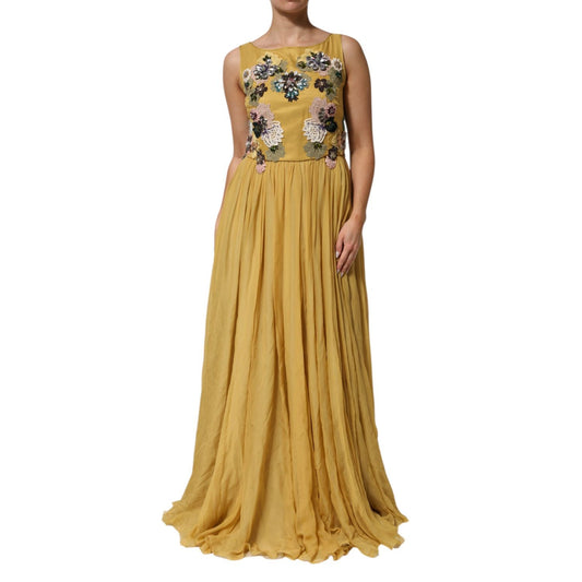 Dolce & Gabbana Yellow Silk Floral Embroidered Maxi Dress with crystal embellishments, sleeveless design, and flowing silhouette.