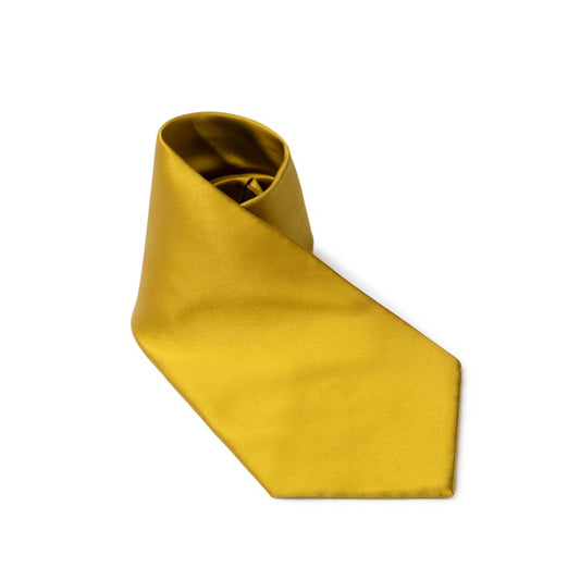 Dolce & Gabbana Yellow Silk Ty, mustard color, solid design, 12 cm blade, luxury Italian silk tie with pointed end and logo label.