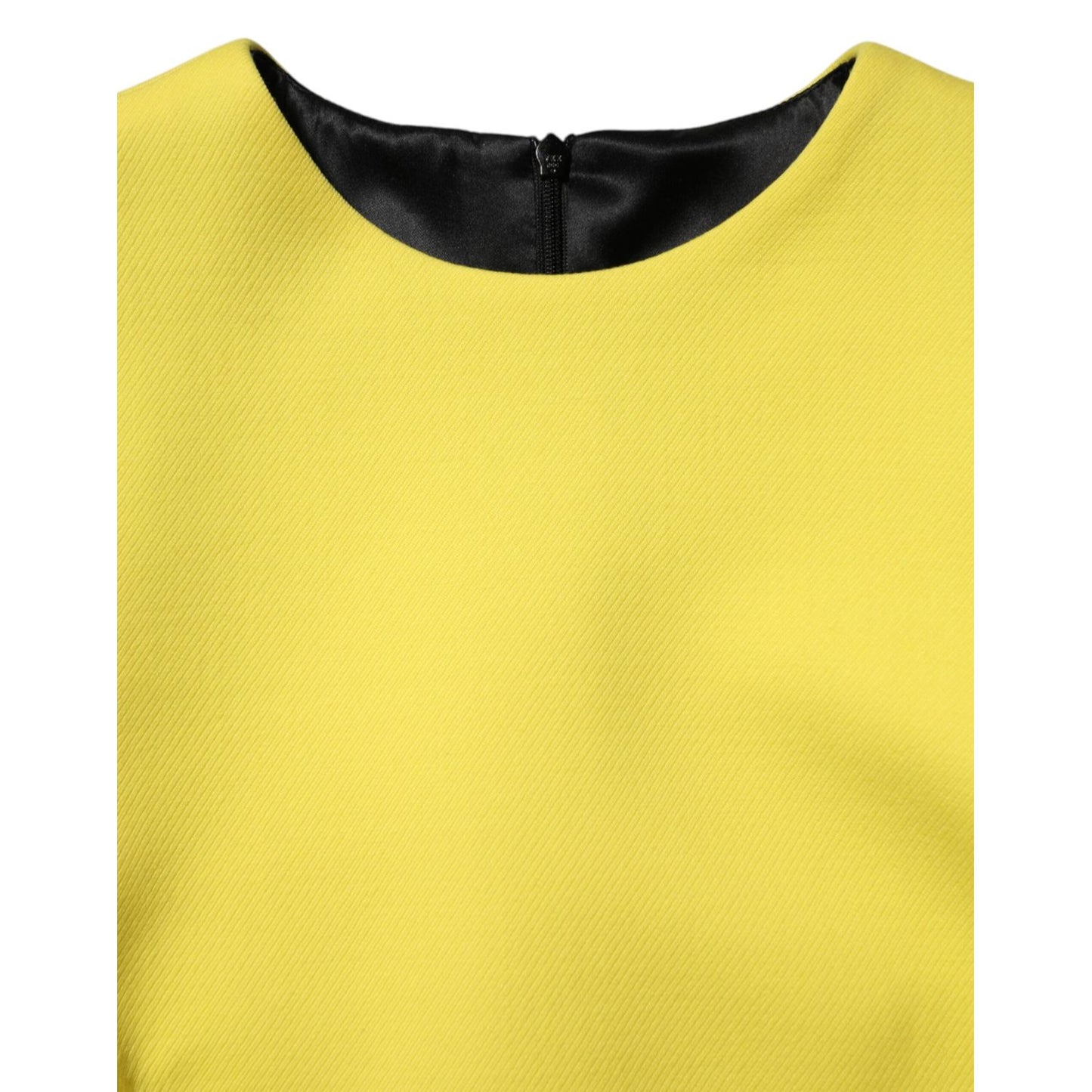 Dolce & Gabbana Yellow Viscose Acetate Mini Long Sleeve Dress close-up of neckline and zipper.
