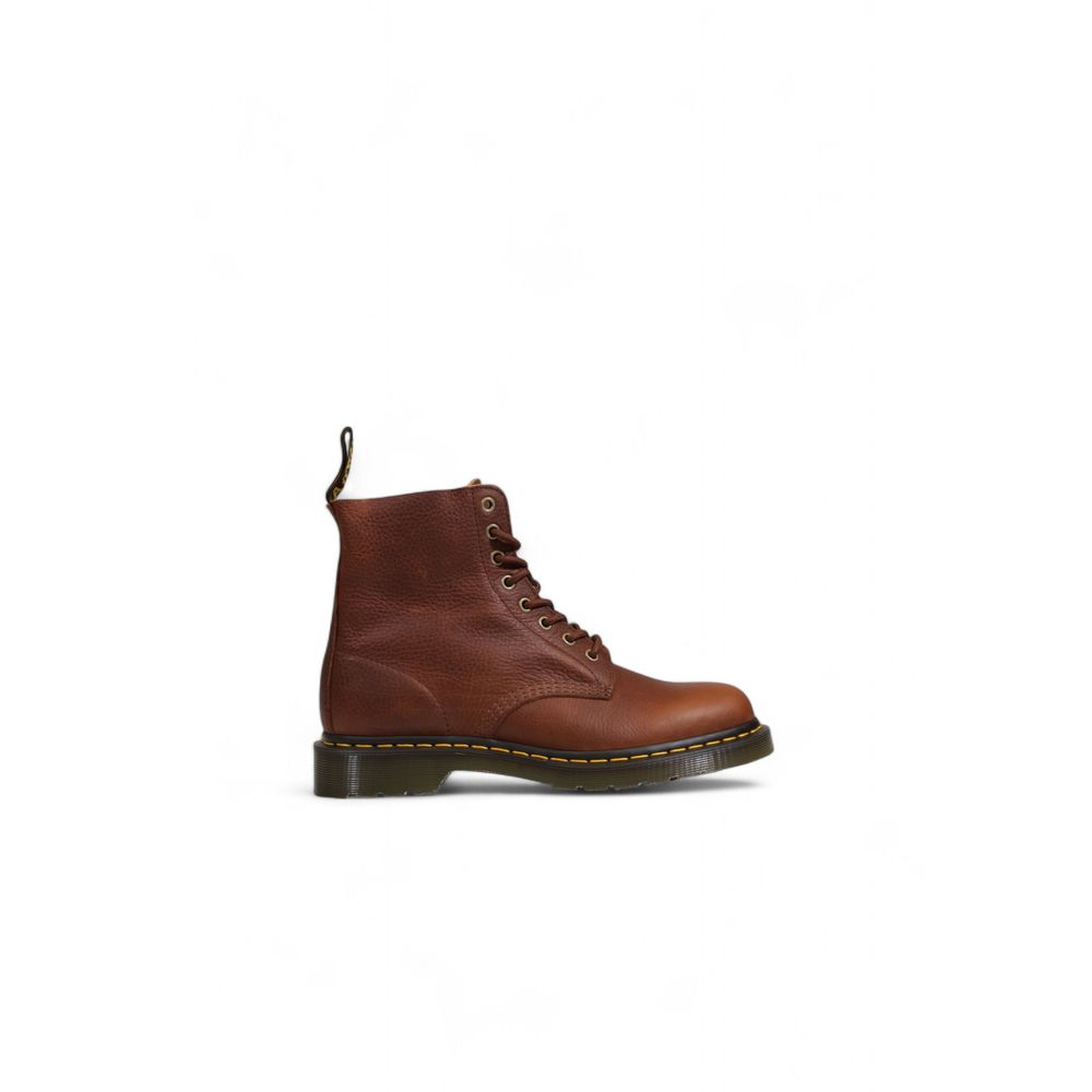 Dr. Martens Brown Leather Athletic boot with pebbled finish, yellow stitching, and Goodyear-welted sole.