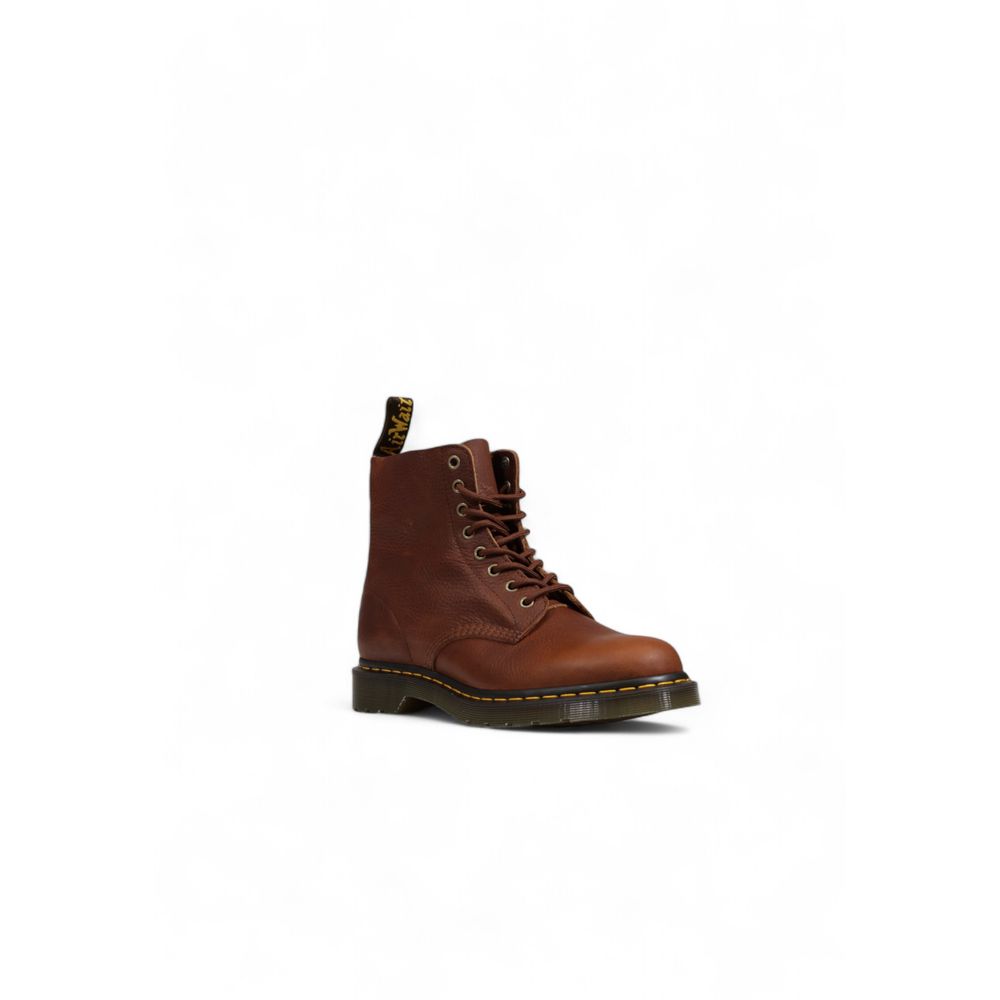 Dr. Martens Brown Leather Athletic boots with 8-eyelet design and yellow stitching, featuring durable Goodyear-welted sole.