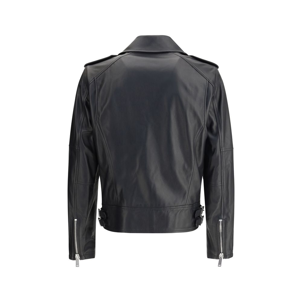 Dsquared² Black Calf Leather Bos Taurus Biker Jacket back view with zipper details and lapel collar.