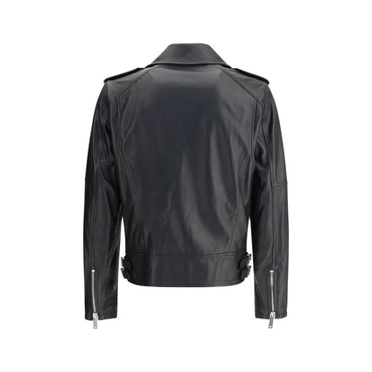 Dsquared² Black Calf Leather Bos Taurus Biker Jacket back view with zipper details and lapel collar.
