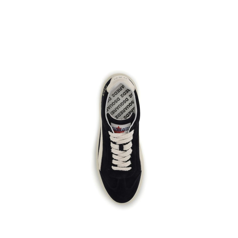 Top view of Dsquared² Black Calf Leather Bos Taurus Low Top Sneakers, featuring suede leather, lace-up closure, and branded insole.