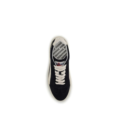 Top view of Dsquared² Black Calf Leather Bos Taurus Low Top Sneakers, featuring suede leather, lace-up closure, and branded insole.