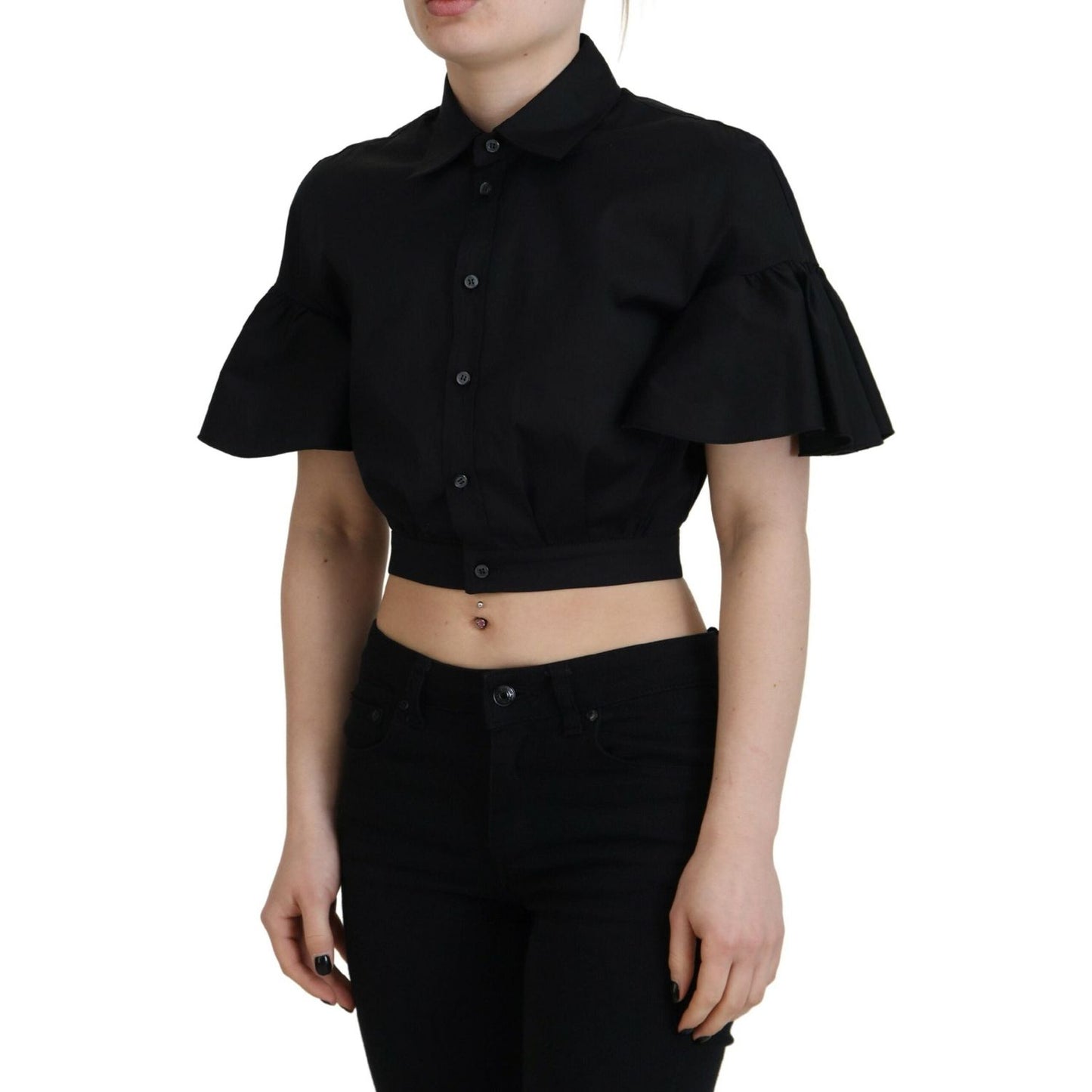 Dsquared² Black Collared Button Down Short Sleeve Cropped Top 1728,67345645728,Black,Clothing,Dsquared²,IT38 | XS,Material: 97% Cotton 3% Elastane,Preowned / Defect,T-Shirts - Clothing,T-Shirts - T-Shirts - Clothing,Tops & T-Shirts - Women - Clothing,Wome