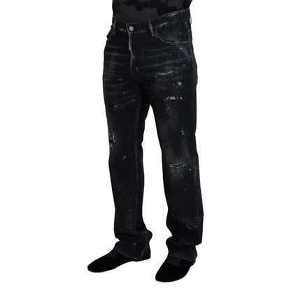 Dsquared² Black Crystal Embellished Tattered Denim Jeans