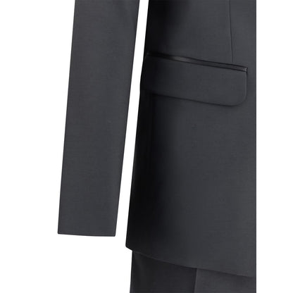 Dsquared² Black Fleece Wool Two-Piece Suit featuring peak lapels and flap welt pocket detail on the blazer, part of the refined London collection.