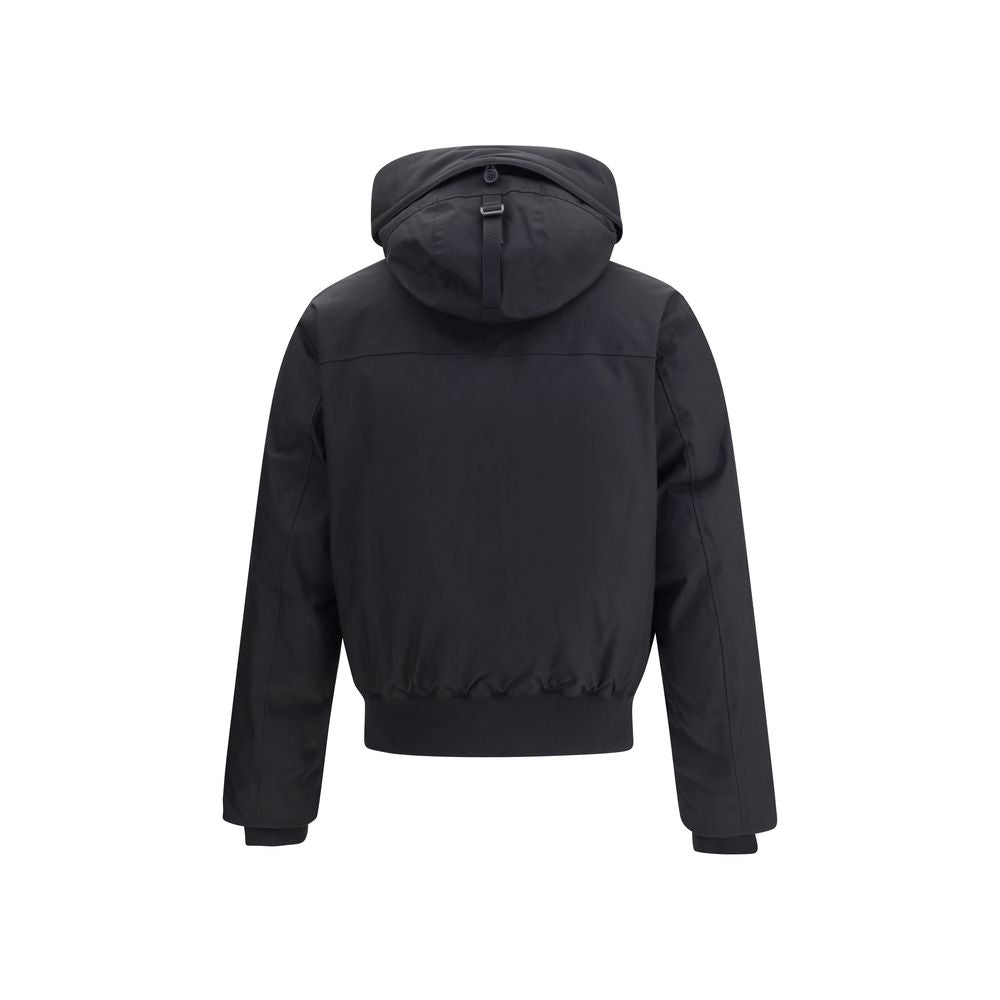 Back view of Dsquared² Black Polyester Bomber with hood, ribbed hem, and cuffs, showcasing urban design and functionality.