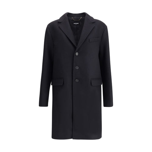 Dsquared² Black Wool Coat elegant single-breasted with button closure, side pockets, and monogrammed lining, enhancing sophisticated style.
