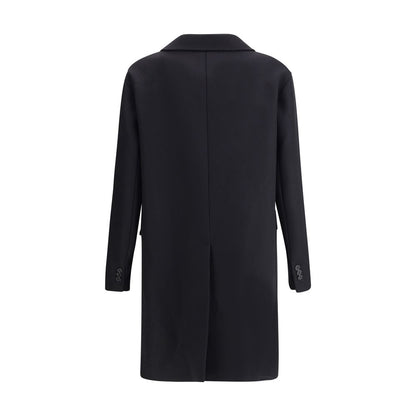 Back view of Dsquared² Black Wool Coat with elegant tailoring and structured design. Features long sleeves and monogrammed lining.