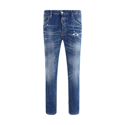 Dsquared² Blue Cotton Slim Fit Jeans with worn-effect finish and logo patch, urban style, Skater Jeans from AW25 collection.